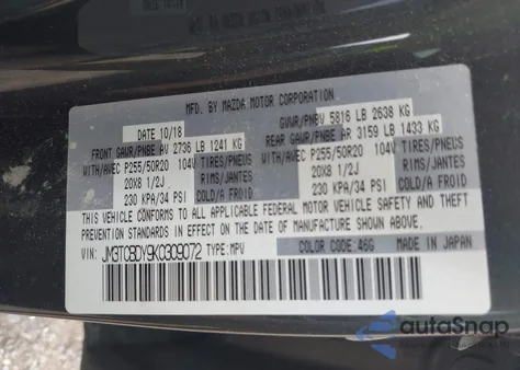 2019 Mazda Cx-9 Grand Touring z USA, uszkodzony, nr VIN JM3TCBDY9K0309072